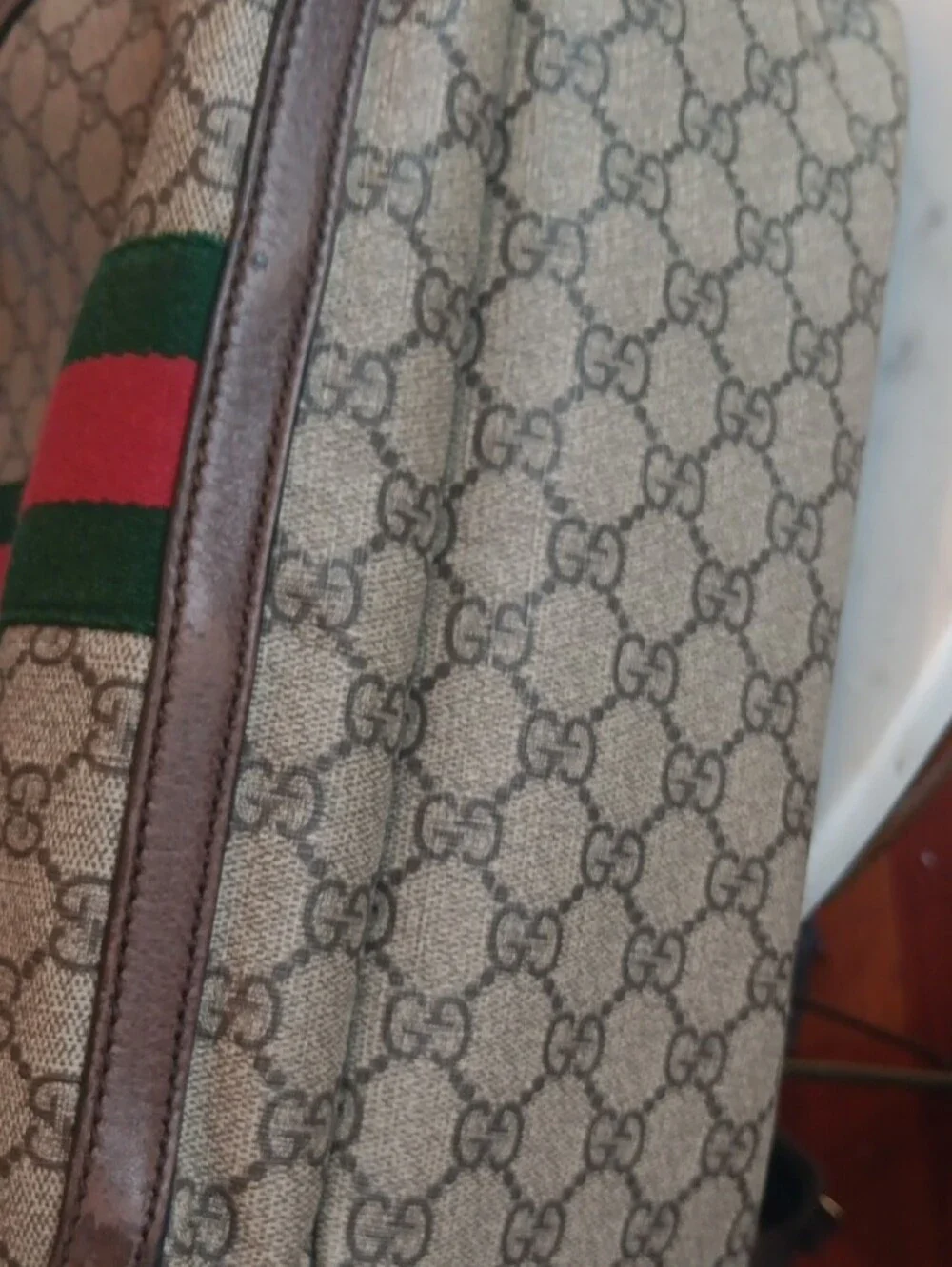 Gucci Beige Monogram Backpack with Green and Red Web Stripe